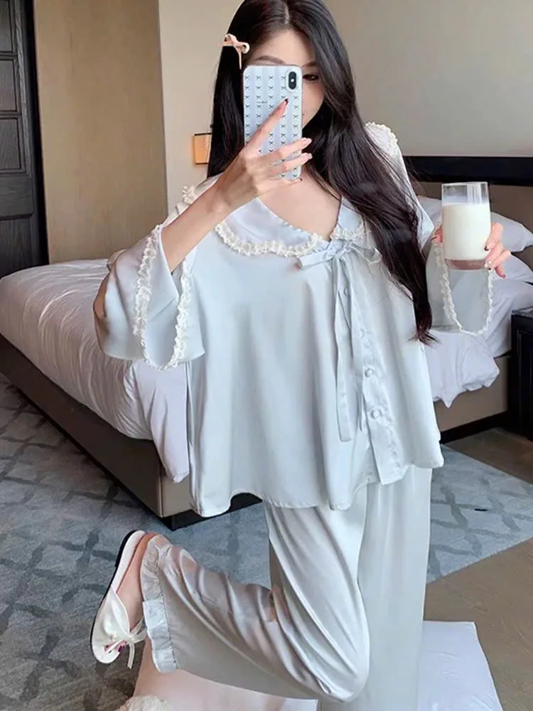 Bộ pijama lụa cổ thủy thủ thắt nơ – ảnh 3