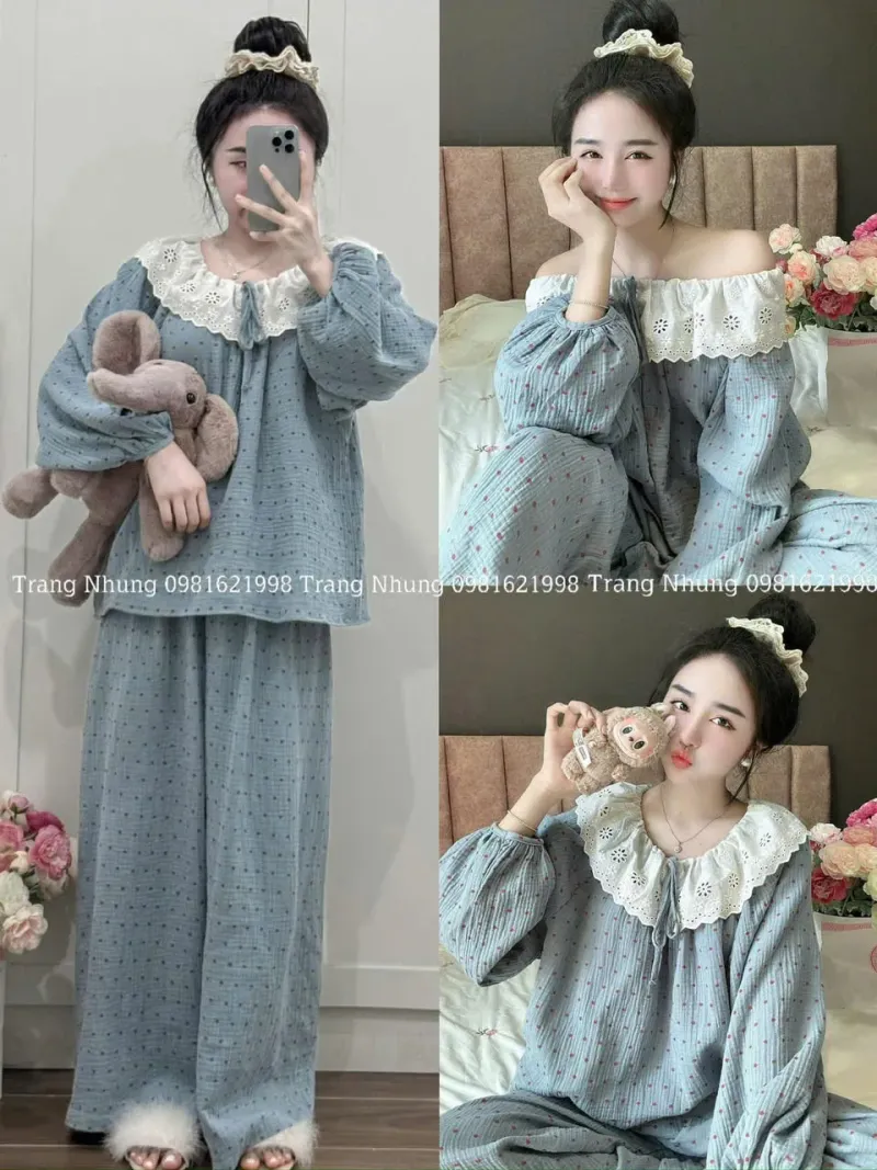 Bộ pijama nhung tăm cổ ren bèo – ảnh 3