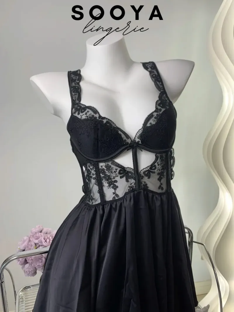 Váy ngủ lụa corset phối ren hở lưng đan chéo – ảnh 4