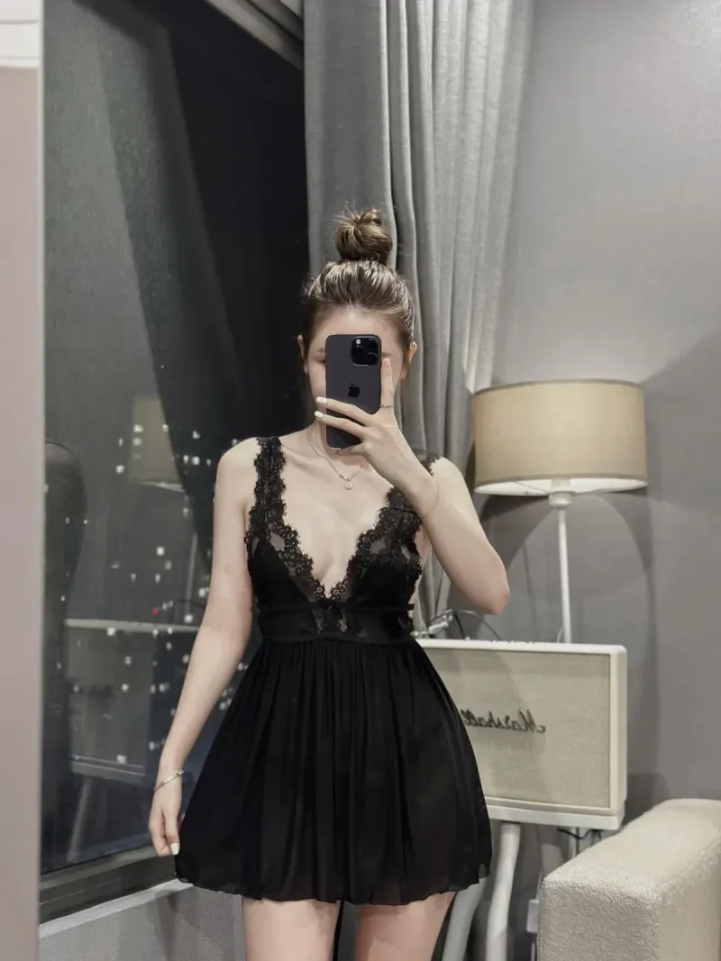 Váy ngủ voan ren cổ V hở lưng đan dây – ảnh 15