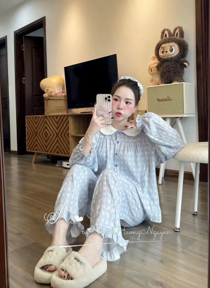 Bộ pijama cotton caro cổ sen bèo – ảnh 2