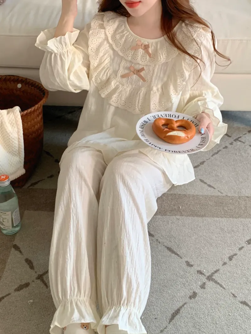 Bộ pijama cotton cổ bèo thắt nơ tay bồng – ảnh 4