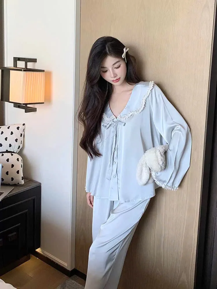 Bộ pijama lụa cổ thủy thủ thắt nơ – ảnh 5