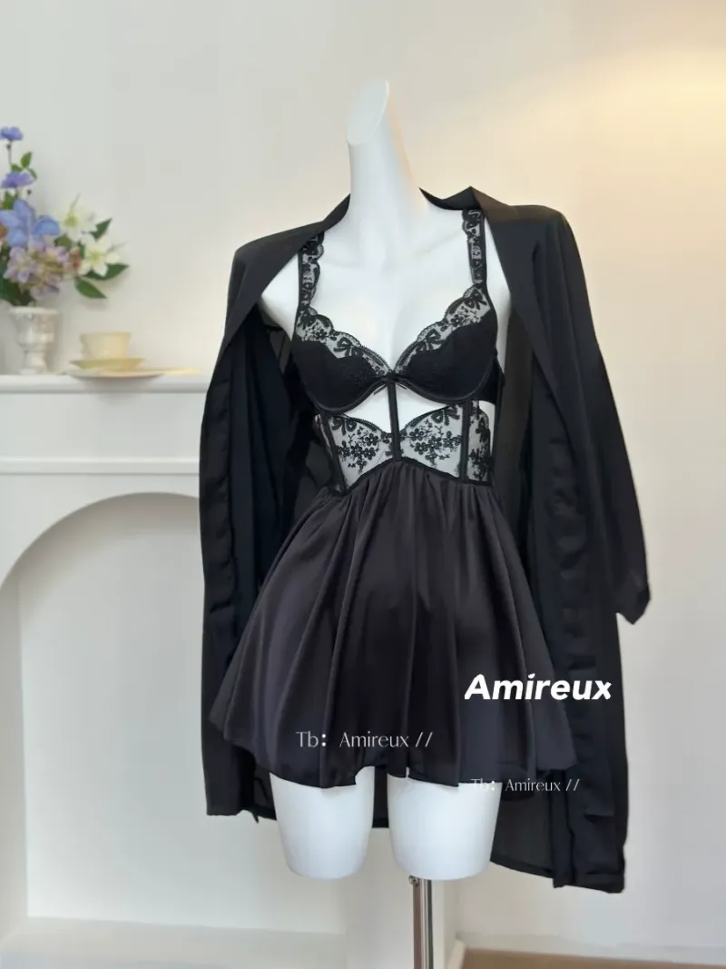 Váy ngủ lụa corset phối ren hở lưng đan chéo – ảnh 2