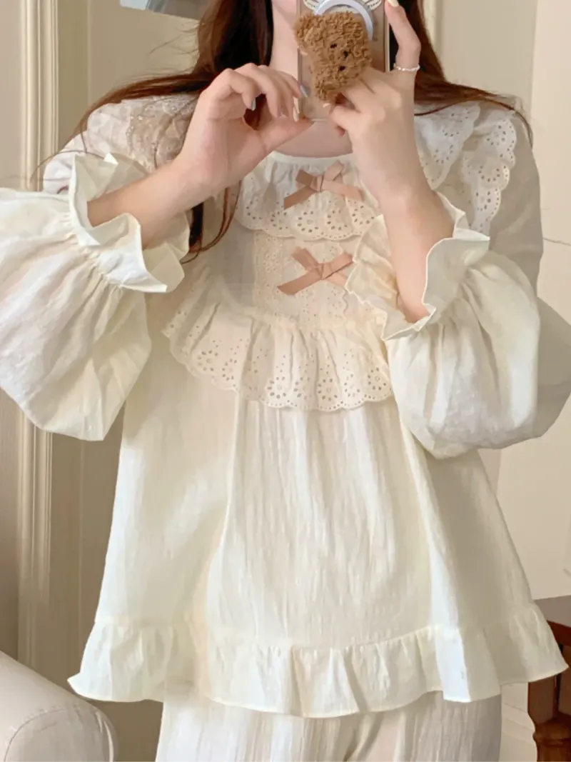 Bộ pijama cotton cổ bèo thắt nơ tay bồng – ảnh 2
