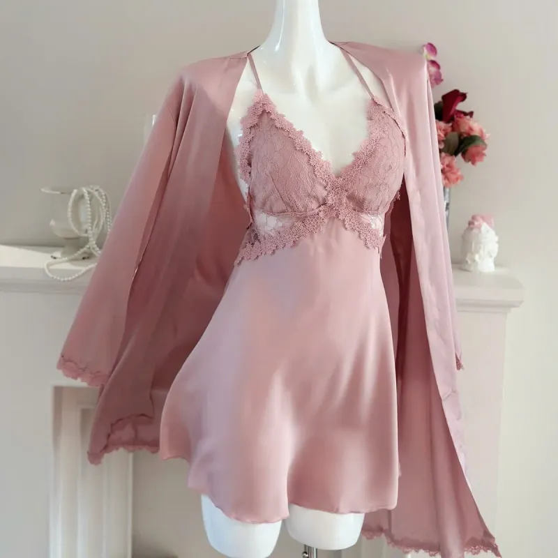 Set váy ngủ lụa ren ngực hở lưng kèm áo choàng – ảnh 10