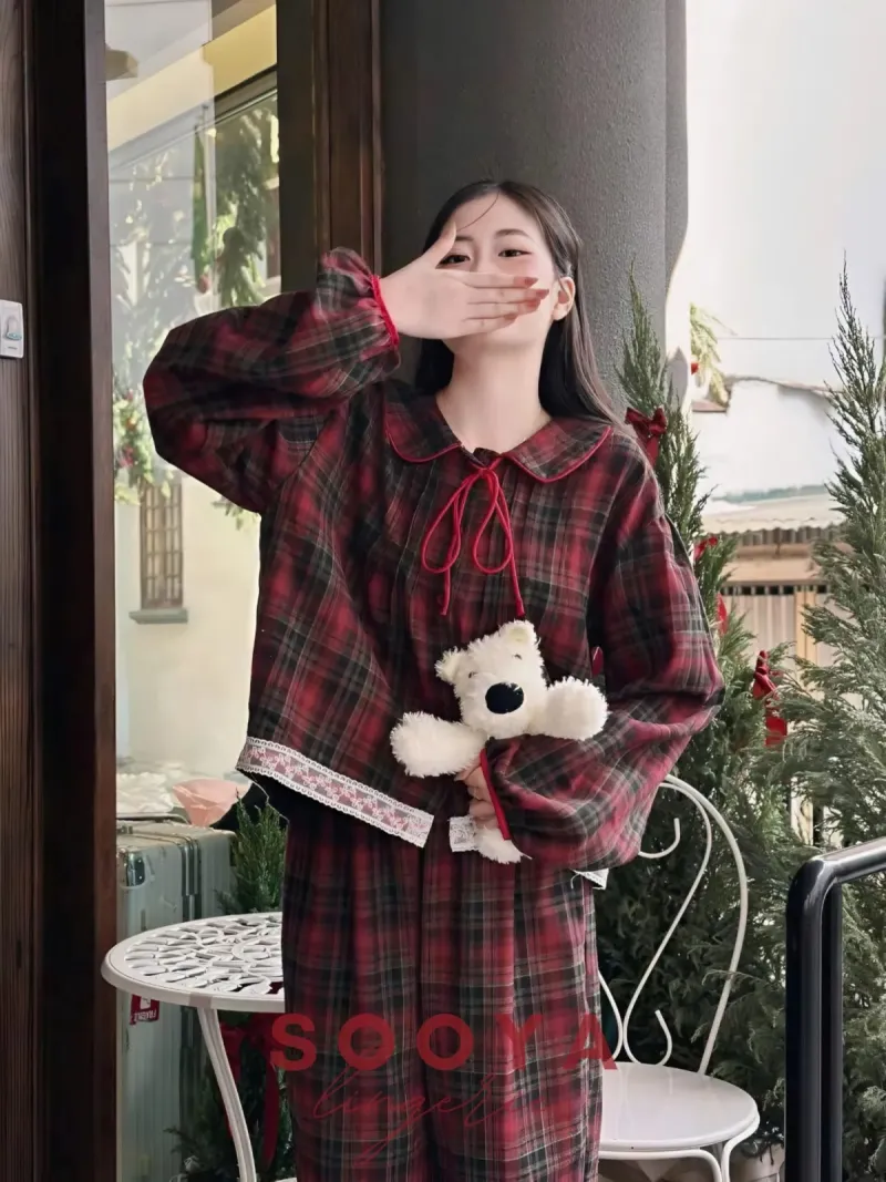 Bộ pijama dạ caro cổ sen thắt nơ viền ren – ảnh 7