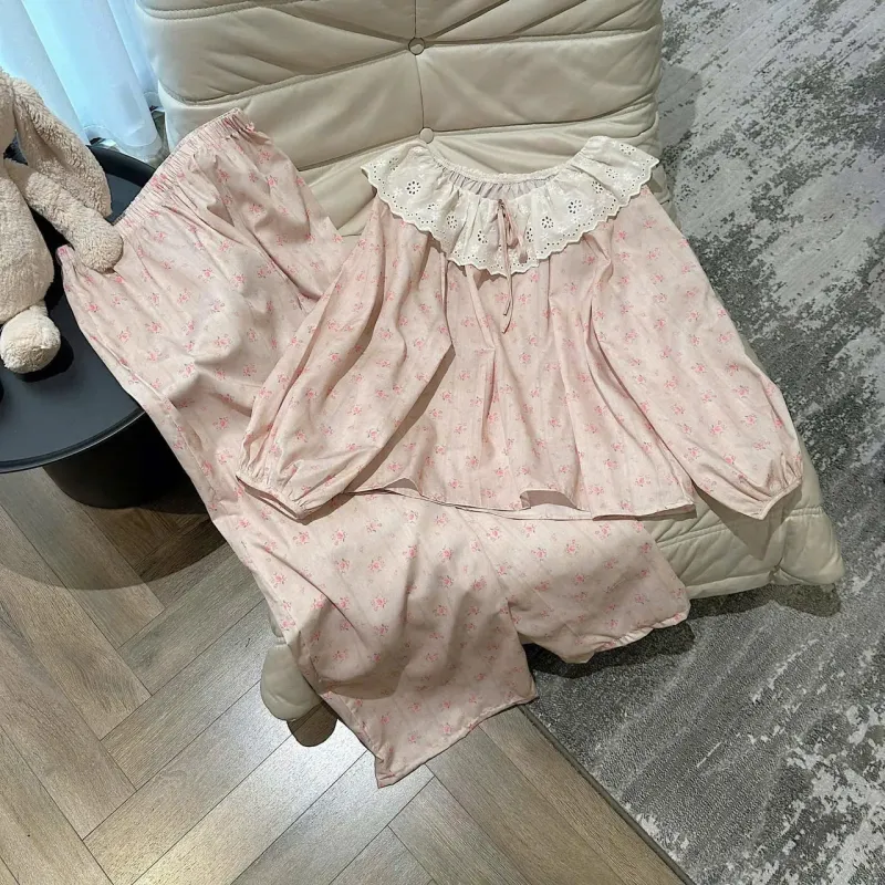 Bộ pijama xô hoa hồng cổ ren – ảnh 3