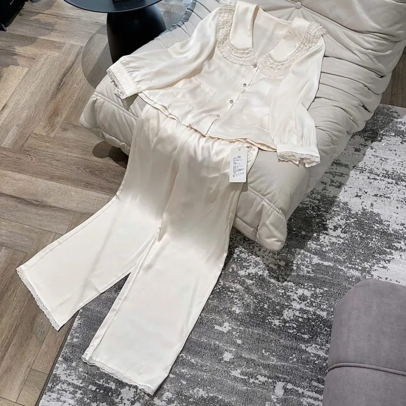 Bộ pijama lụa cổ sen ren có túi – ảnh 15
