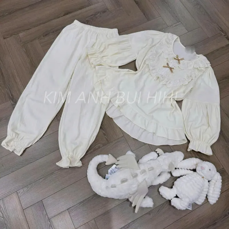Bộ pijama cotton cổ bèo thắt nơ tay bồng – ảnh 8