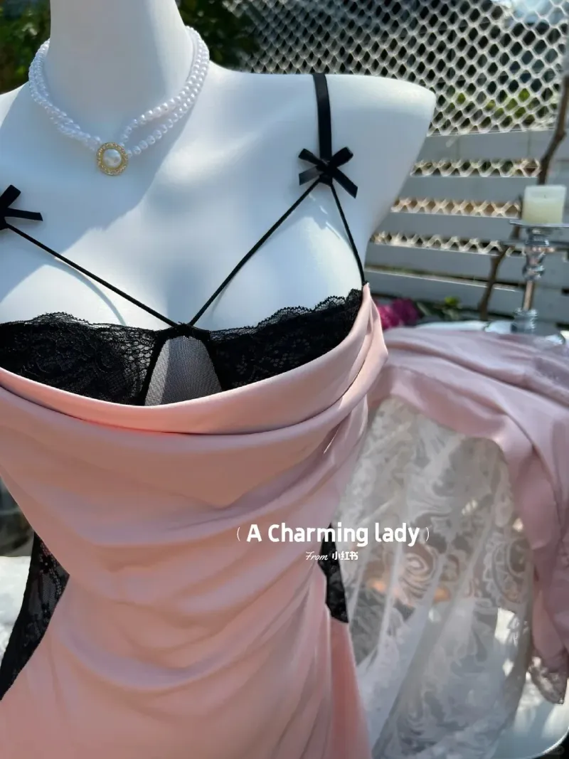 Set váy ngủ lụa cổ đổ phối ren kèm áo choàng – ảnh 2