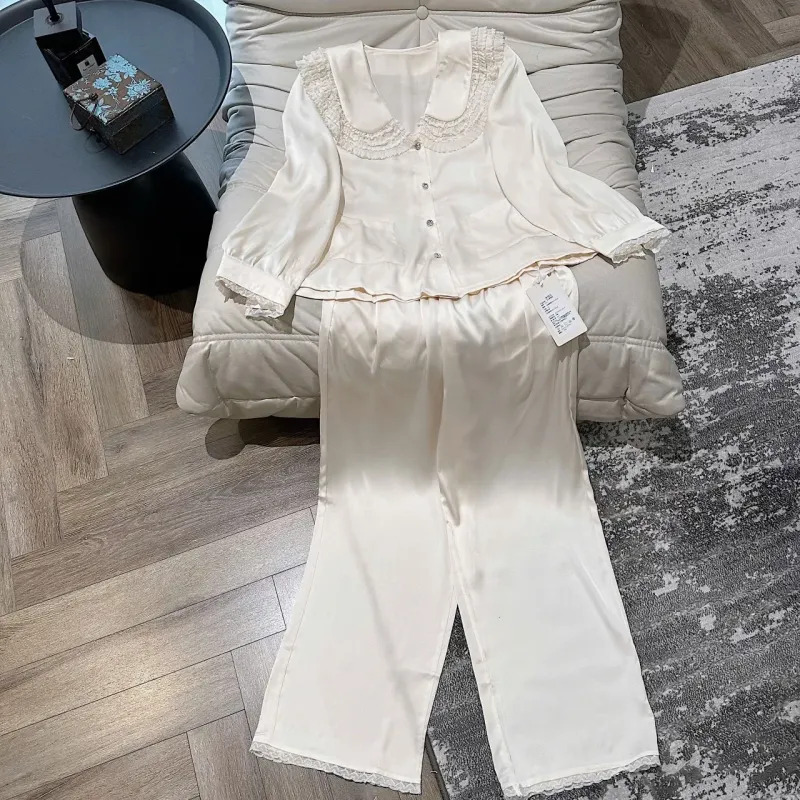 Bộ pijama lụa cổ sen ren có túi – ảnh 12