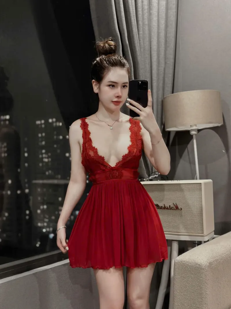 Váy ngủ voan ren cổ V hở lưng đan dây – ảnh 14