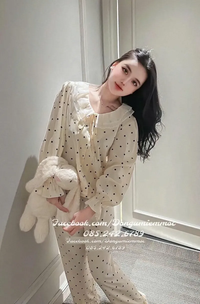 Bộ pijama cổ sen chấm bi dài tay – ảnh 8