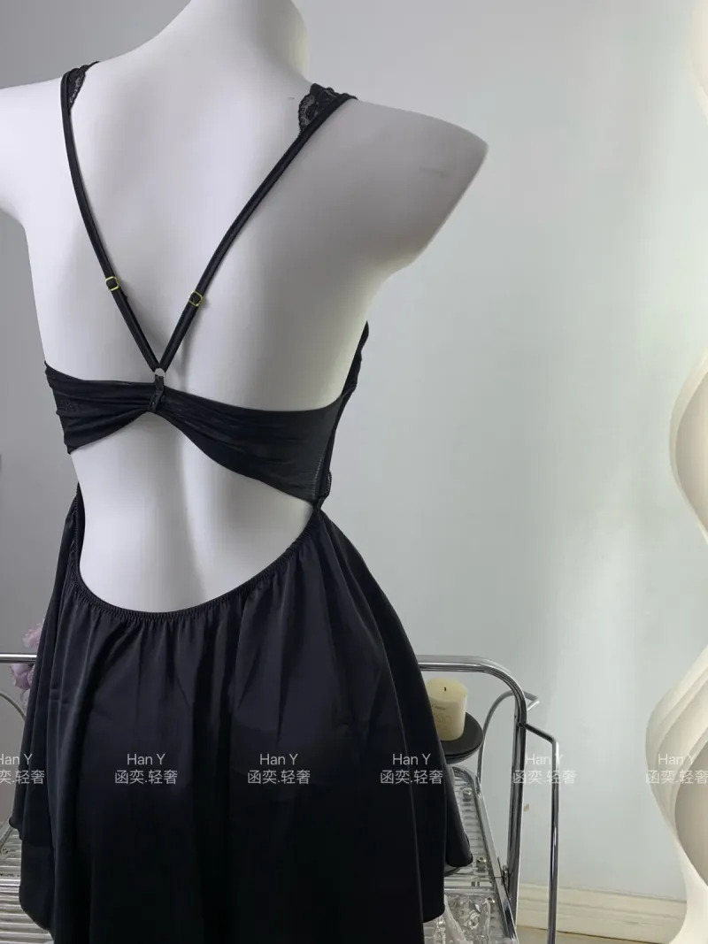 Váy ngủ lụa corset phối ren hở lưng đan chéo – ảnh 5