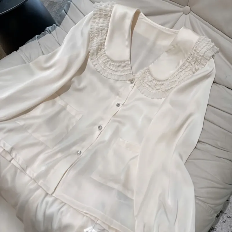 Bộ pijama lụa cổ sen ren có túi – ảnh 13