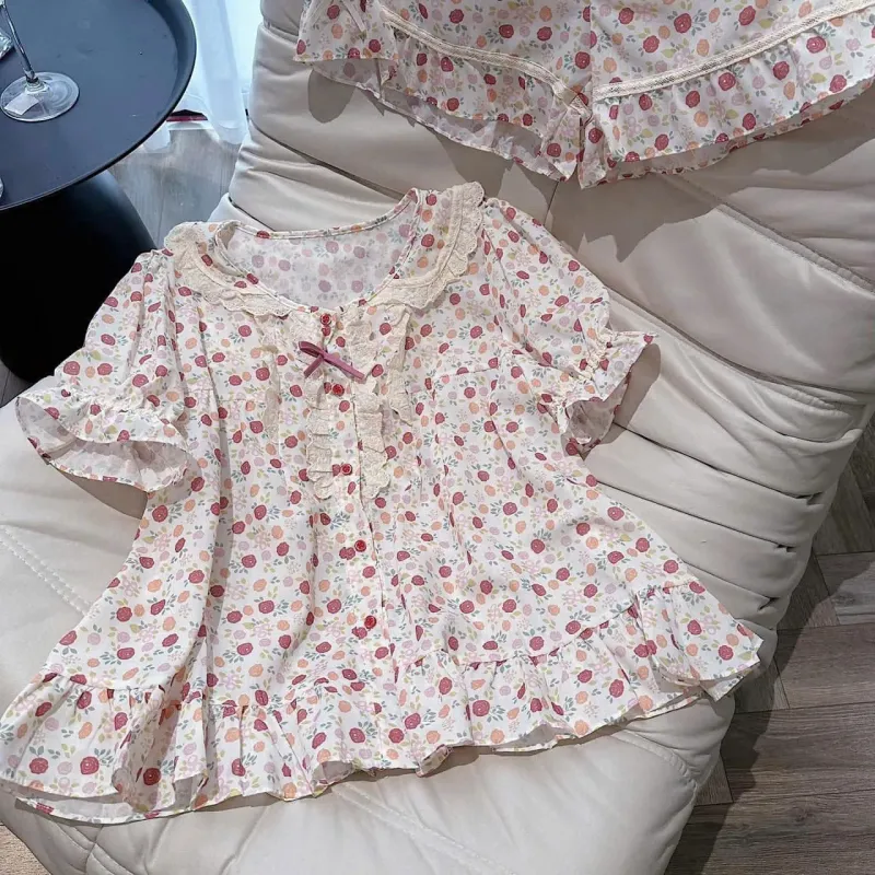 Bộ đồ ngủ cộc tay hoa dâu cổ sen nơ – ảnh 5