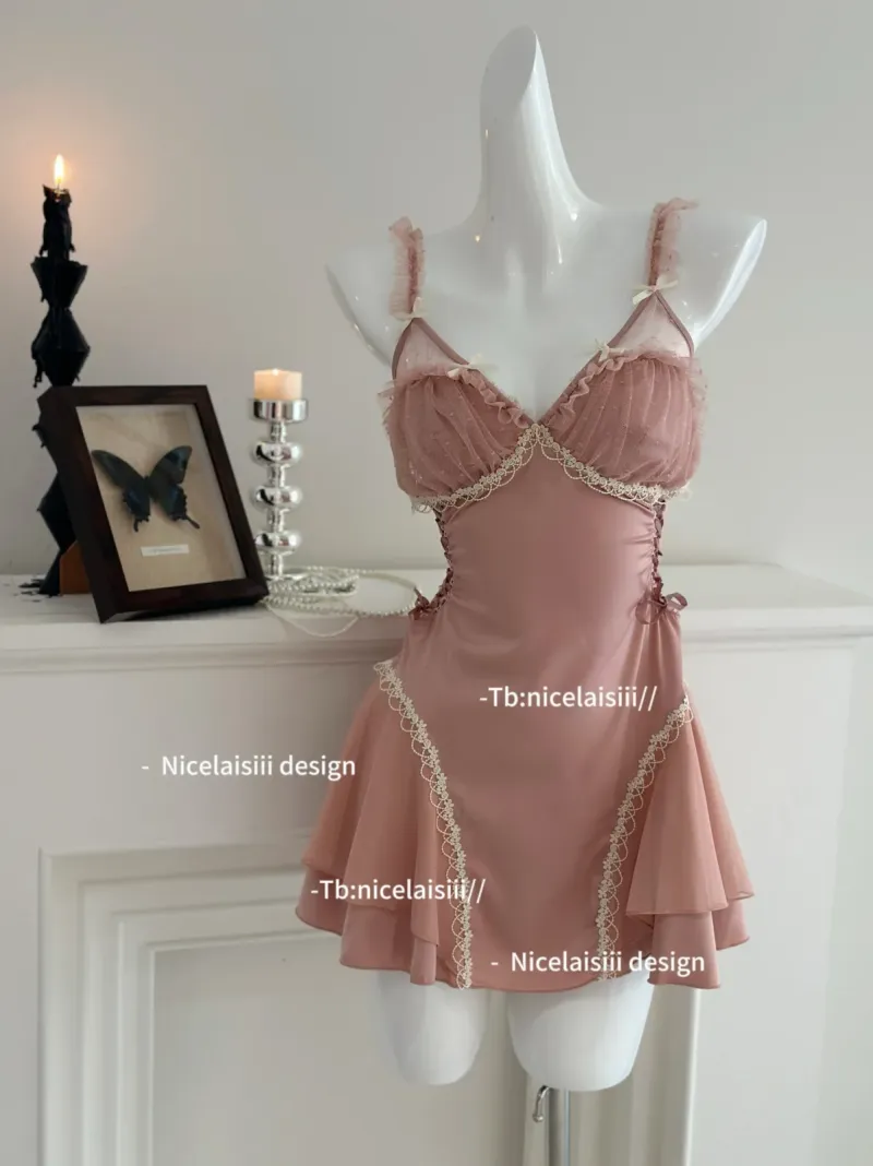 Váy ngủ lụa phối viền ren chân bèo kèm áo choàng – ảnh 4
