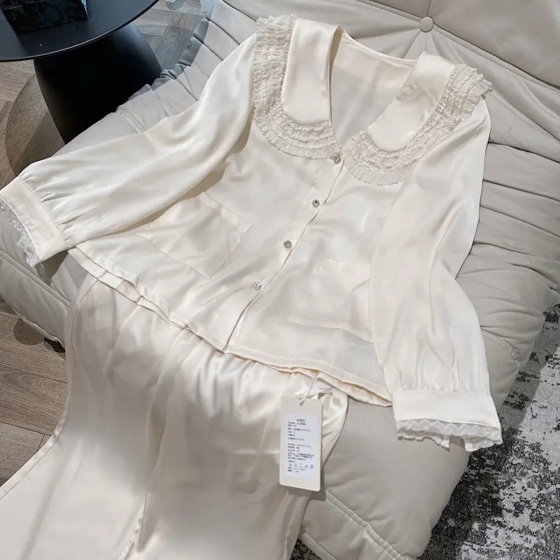 Bộ pijama lụa cổ sen ren có túi – ảnh 14