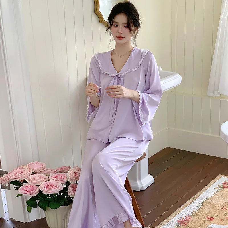 Bộ pijama lụa cổ thủy thủ thắt nơ – ảnh 2