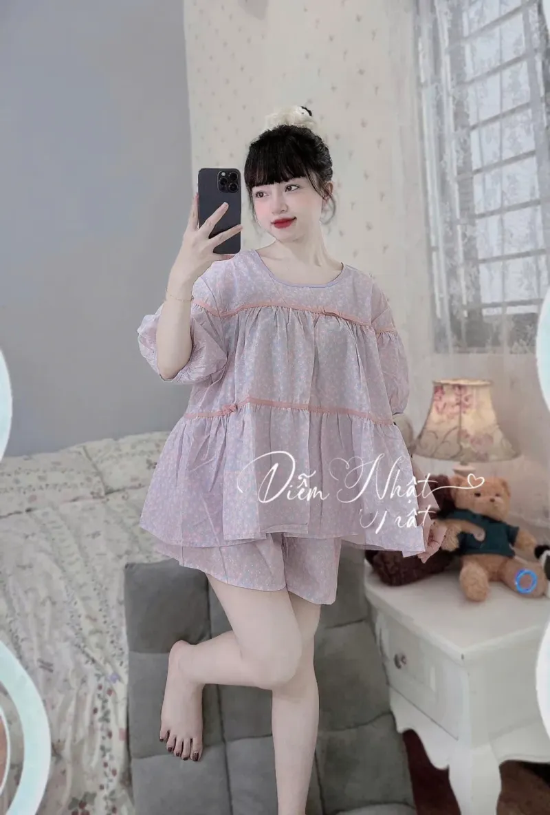 Bộ đồ ngủ babydoll cộc tay quần đùi hoa nhí – ảnh 4