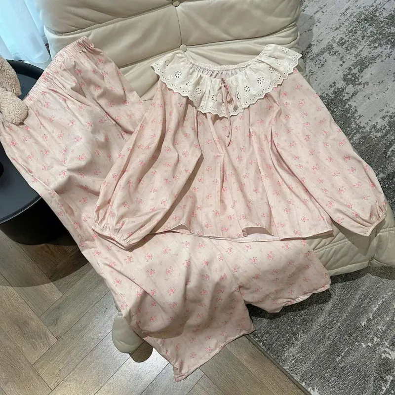 Bộ pijama xô hoa hồng cổ ren – ảnh 4