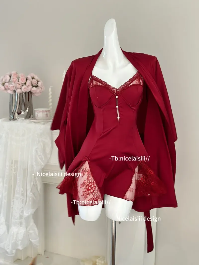 Set váy ngủ lụa ren vai bèo kèm áo choàng – ảnh 10