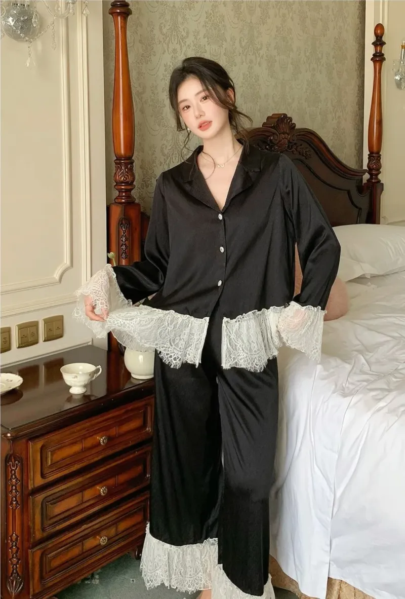 Bộ pijama lụa dài tay phối ren bèo – ảnh 8