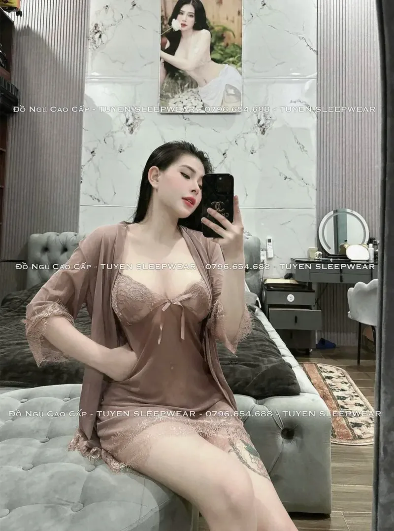 Set váy ngủ voan ren xuyên thấu kèm áo choàng – ảnh 14