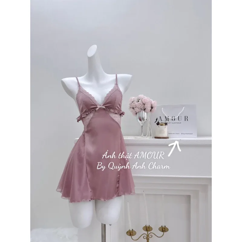 Set váy ngủ lụa cúp ngực ren nơ kèm áo choàng mỏng – ảnh 2