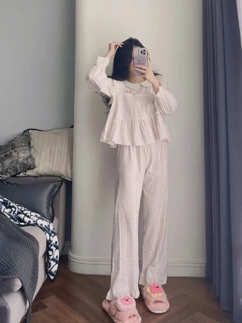 Bộ pijama xô kẻ sọc cổ sen dáng babydoll – ảnh 4
