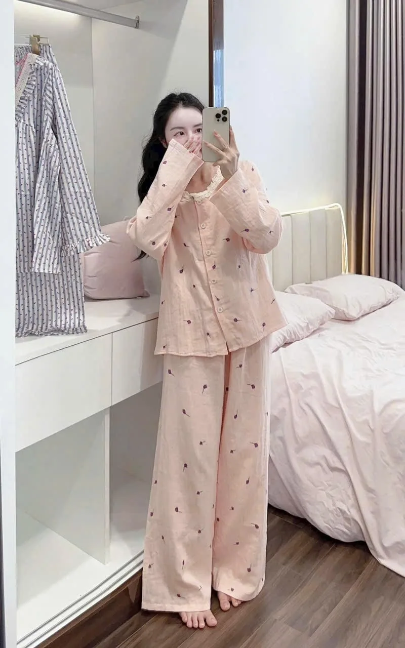 Bộ pijama xô họa tiết trái tim cổ sen – ảnh 4