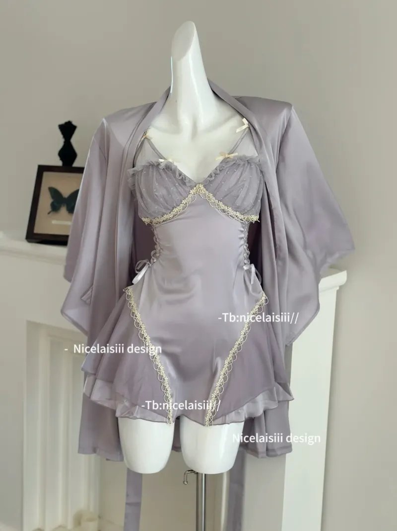 Váy ngủ lụa phối viền ren chân bèo kèm áo choàng – ảnh 10