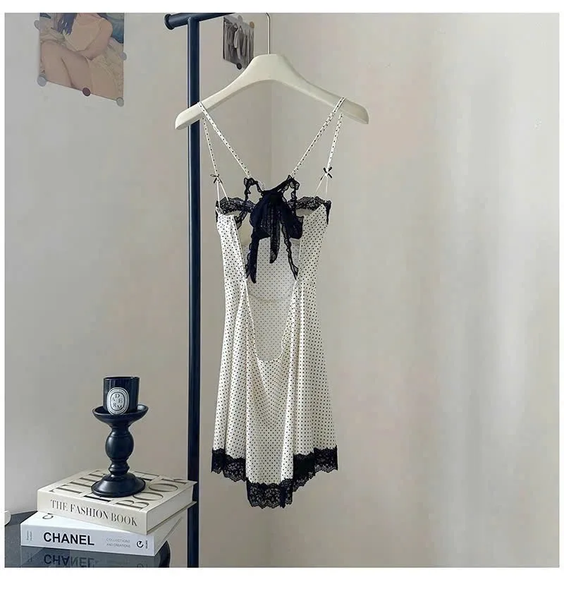 Váy ngủ 2 dây chấm bi phối ren nơ – ảnh 3