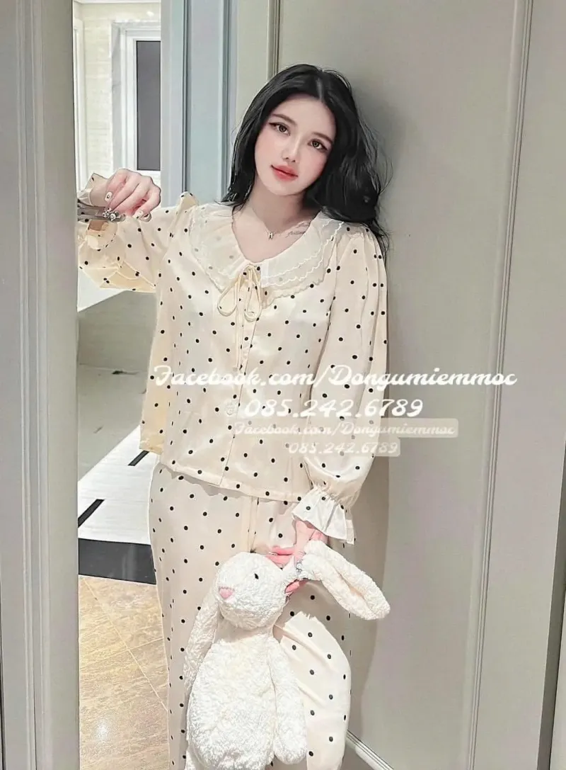 Bộ pijama cổ sen chấm bi dài tay – ảnh 5